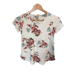 Girls Pomelo M Off White Short Sleeve Floral Criss Cross Blouse Shirt Top